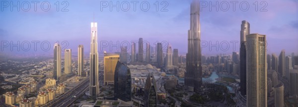 UAE, Dubai panoramic skyline view of city downtown and business district.