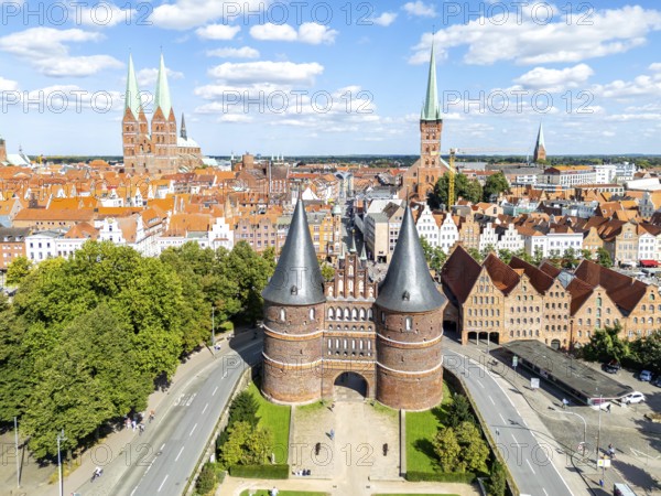 Holstentor Holsten Tor aerial view in the Hanseatic city of Lübeck, Germany, Europe
