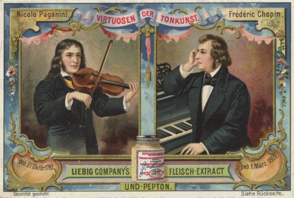 Picture series Virtuosen der Tonkunst, Nicolo Paganini and Frederic Chopin, Liebig picture,