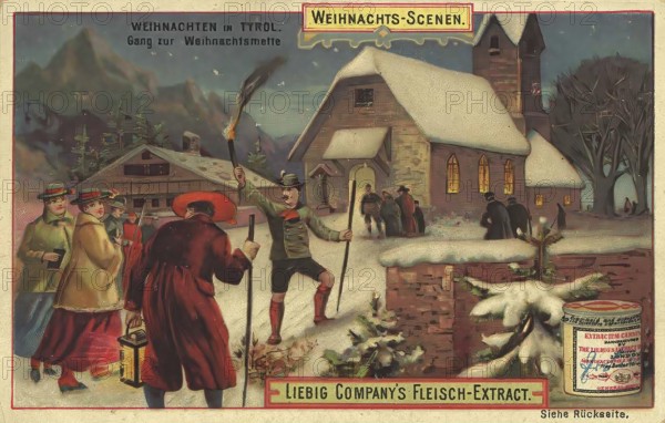 Picture series Christmas scenes, Christmas in Tyrol, going to the Christmas mass, Liebig picture,