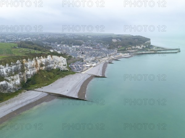 Aerial view of the Alabaster Coast in a light haze, Saint-Valery-en-Caux, Normandy, France, Europe