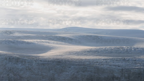 Snow and glacier ice of the Myrdalsjökull glacier in the evening light, Pakgil, Iceland, Europe