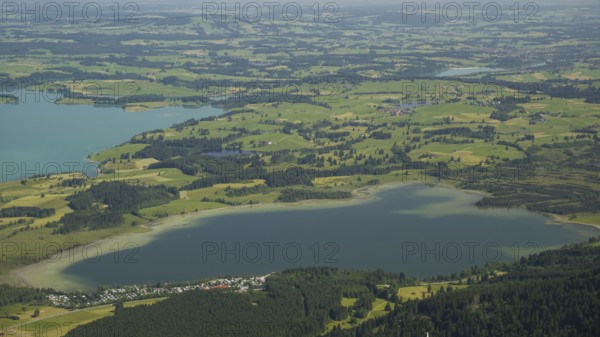 Panorama from the Tegelberg to the Bannwaldsee, Ostallgaeu, Allgaeu, Swabia, Bavaria, Germany,