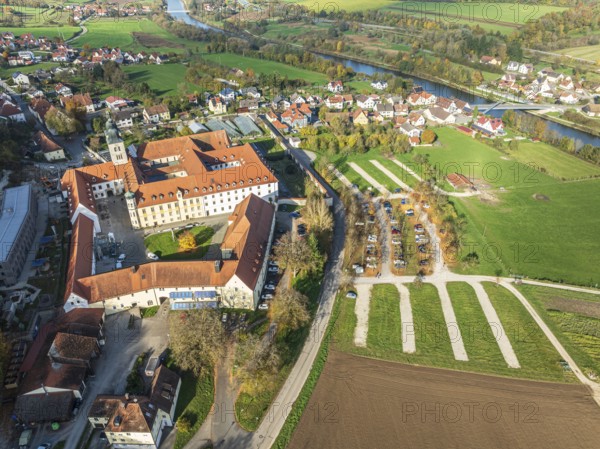 Aerial view of Plankstetten with Benedictine Abbey, Plankstetten, Berching, Bavaria, Germany,