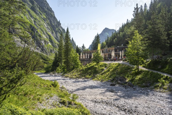 Mountain hut Höllentalangerhütte, mountain landscape in Höllental, Bavaria, Germany, Europe