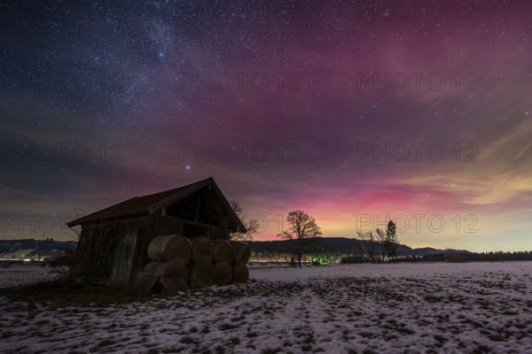 Northern Lights, Aurora borealis, violet, pink, red, hut, stars, Loisach-Lake Kochel-Moor,