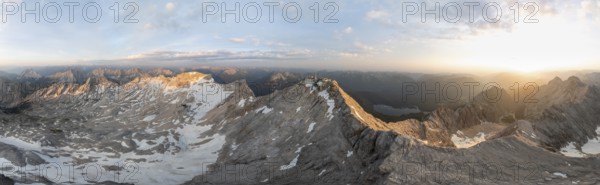 Sunrise, Alpine panorama, aerial view, Zugspitze and Zugspitzplatt with glacier, high mountains,