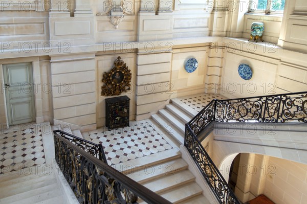 Stone staircase at Château de Bel?il, Baroque moated castle in Beloeil and residence of the princes