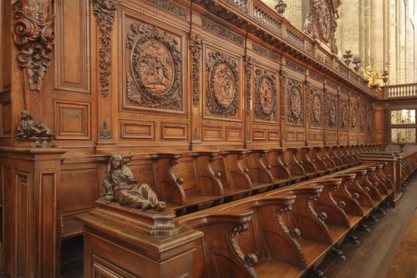 Wooden figure and reliefs on the choir stalls of the Gothic church Ste-Marie-Madelein, interior