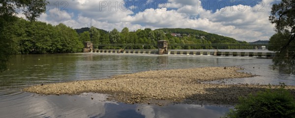 Barrage at the Stiftsmühle run-of-river power station, confluence of the Ruhr and Volme rivers,