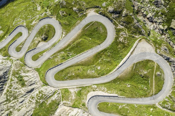 Historical road Tremola, mountain pass Sasso San Gotthardo, aerial view, Switzerland, Europe