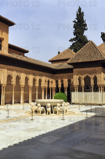 Arabesque Moorish architecture, courtyard with lion fountain, Nasrid palaces, Alhambra, Granada,