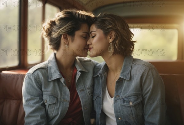 Two women are kissing each other.. Scene is romantic and intimate, AI generated