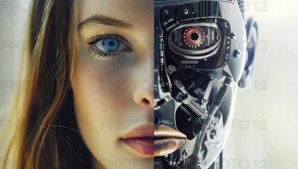 A woman's face is split in half, with one half being a robot. The image is a representation of the
