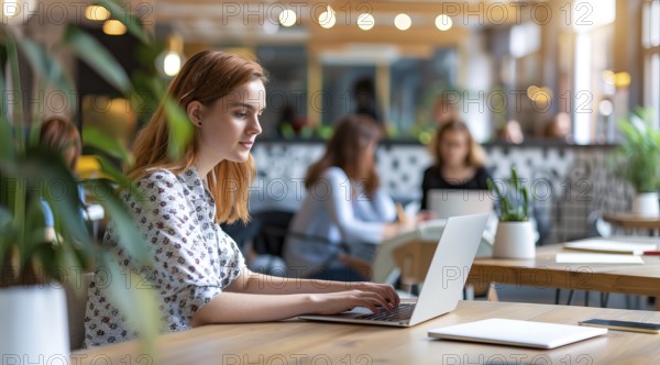 A business woman is sitting at a table with a laptop in front of her working remotely with the team