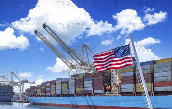 International container cargo and freight ships docked in Seattle port terminals