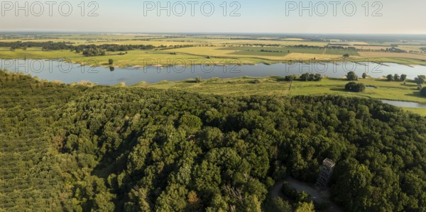 Aerial view of viewpoint Höhbeck near Elbe river, wooden tower south of village Lenzen, Germany,