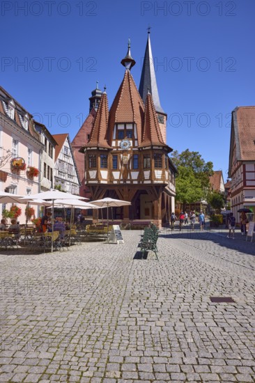 Historic town hall on the market square under a cloudless blue sky in Michelstadt, Odenwald,