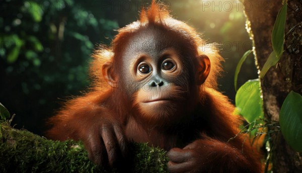 Cute little orangutan baby in dark rainforest looks curious, portrait, AI generated, AI generated