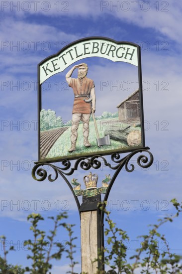 Village sign showing Saxon origins, Kettleburgh, Suffolk, England, UK