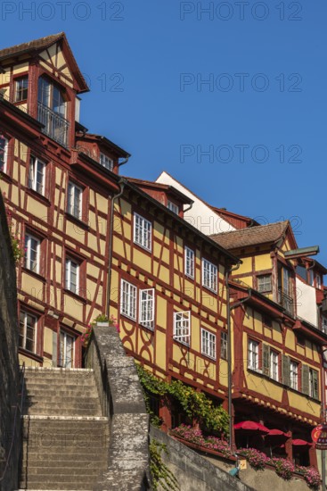 Meersburg on Lake Constance, old town, half-timbered house, facades, stairs, sunshades,