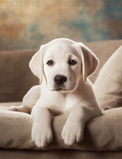 White Labrador Retriever (Canis lupus familiaris), cute puppy lying on sofa in living room, animal