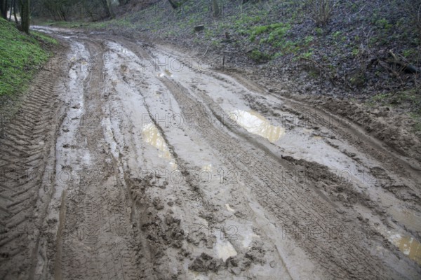 Waterlogged muddy unsurfaced road after heavy rain in Suffolk, England, United Kingdom, Europe