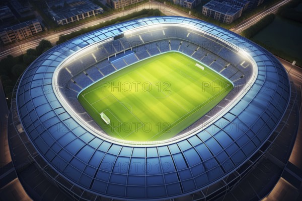 Aerial bird eye top view of a soccer football field stadium in night, AI generated