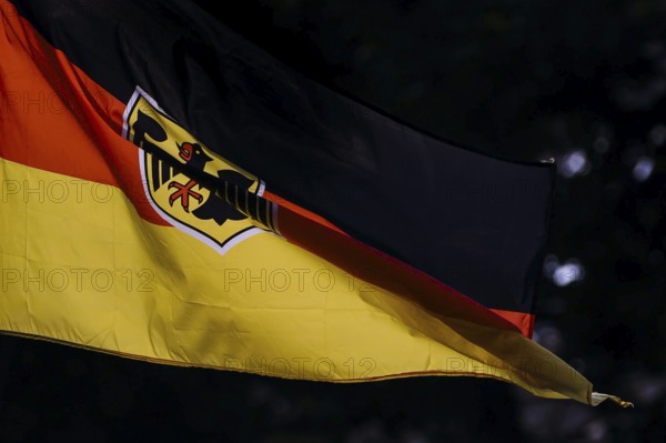 Symbolic photo. The national flag of the Federal Republic of Germany with a federal eagle
