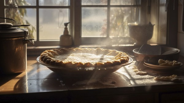 Fresh homemade pie steaming on the counter as morning light fills the kitchen, generative AI, AI