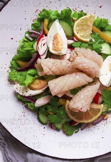 Salad of squid and vegetables, with egg, homemade, no people