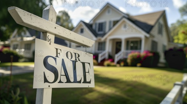 Home for sale real estate sign in front of house. generative AI, AI generated