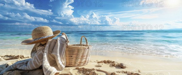 Beach scene with a straw hat, beach bag. Summer vacation, palm trees and ocean in the background,
