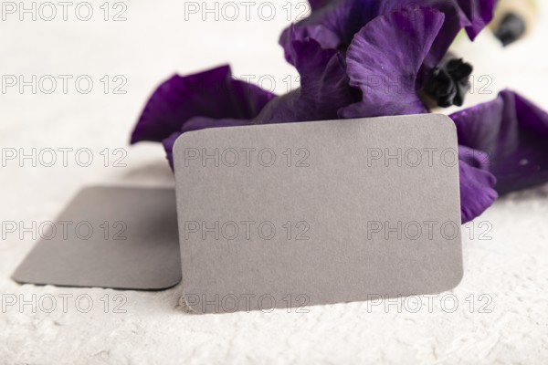 Gray business card with violet iris flowers on white concrete background. side view, copy space,
