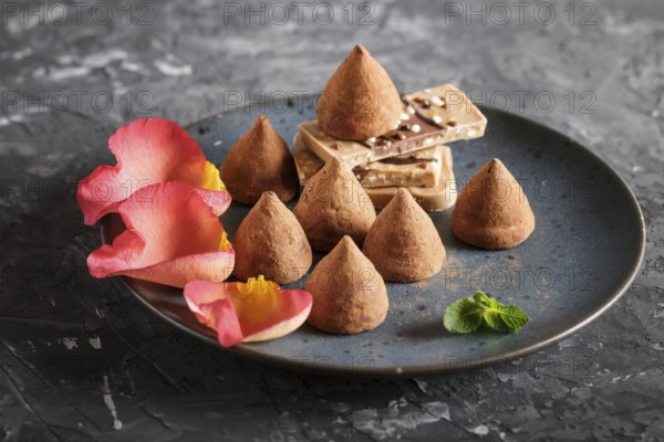 Chocolate truffle on blue ceramic plate decorated with rose petals on black concrete background.