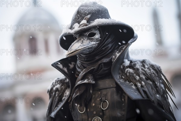 Person dressed as a plague doctor, adorned with the iconic crow mask, amidst the snowfall at the