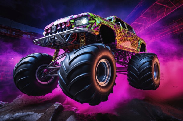 Monster truck with neon lighting, jumping off-road in cloud of dust. Excitement and thrill of an
