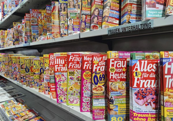 Many woman's magazines in the supermarket, Witten, Ruhr area, North Rhine-Westphalia, Germany,