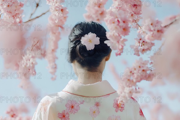 Back view of young Asian woman with white traditional Yukata garment with pink Sakura cherry