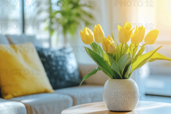 Bouquet of beautiful yellow tulip spring flowers in vase on coffee table in living room. Generative
