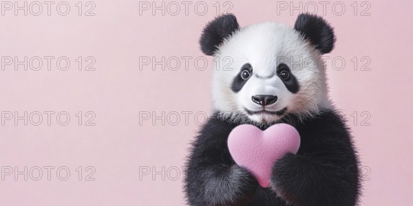 Banner with cute Giant Panda bear holding pink plush heart in front of pink background with copy