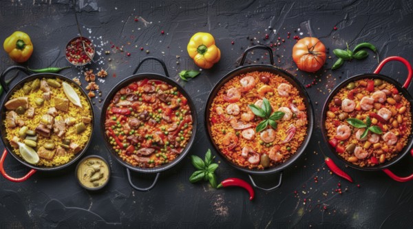 Classical Spanish paella dish with traditional seafood and rice components. Spanish cuisine., AI