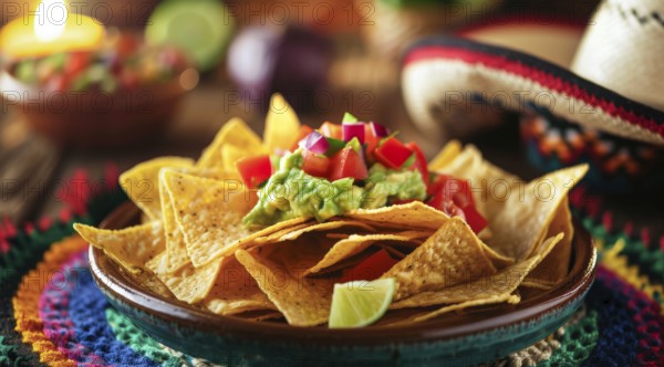 Mexican traditional nachos with avocado jalapeno guacamole and tomato salsa., AI generated