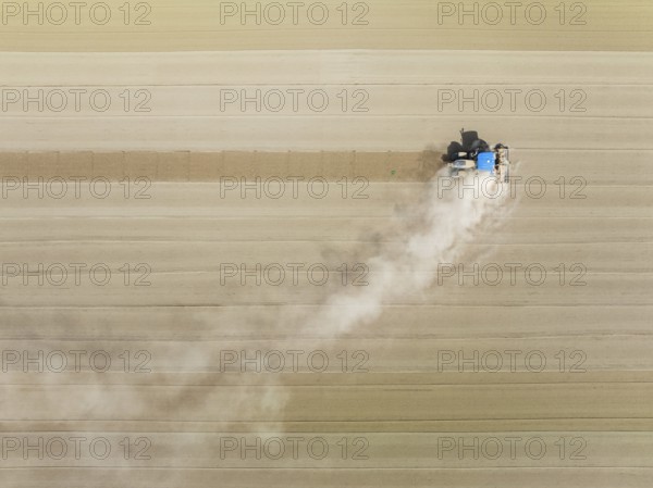 Tractor at field work. Aerial view. Drone shot. Cádiz province, Andalusia, Spain, Europe