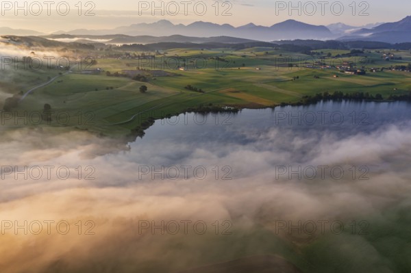 Aerial view of a lake in front of mountains in the morning light, fog, autumn, Riegsee, view of