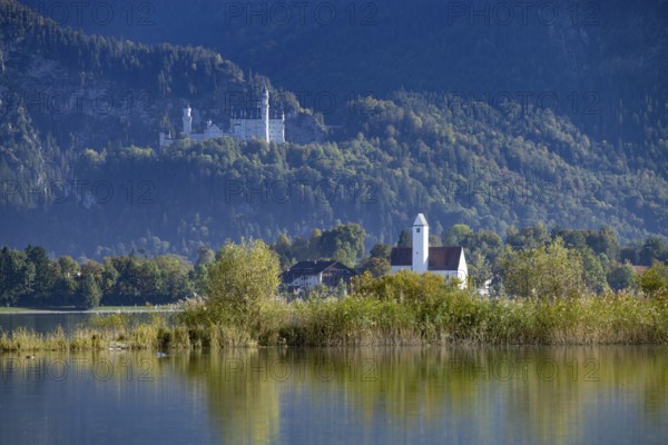 Forggensee near Füssen, behind it Waltenhofen and Neuschwanstein Castle, Ostallgäu, Allgäu, Swabia,