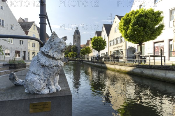 Bronze sculpture by Cornelia Brader: City tomcat Chicco at the city stream, behind it Our Lady's