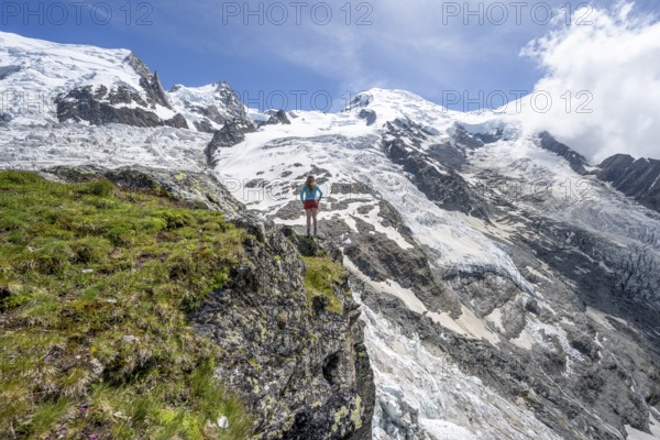 Mountaineer in front of a glacier, High alpine glaciated mountain landscape, La Jonction, Glacier