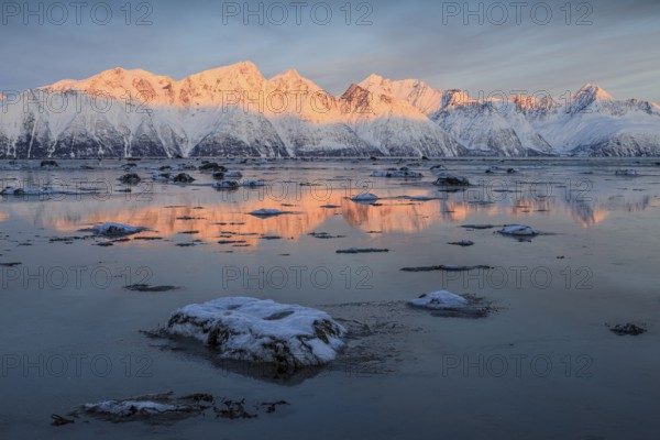 Morning light, mountains, snowy, reflection, sea, coast, fjord, winter, Lyngen Alps, Norway, Europe