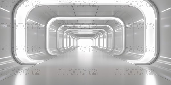 Futuristic long white hallway with lamps. Generative AI, AI generated